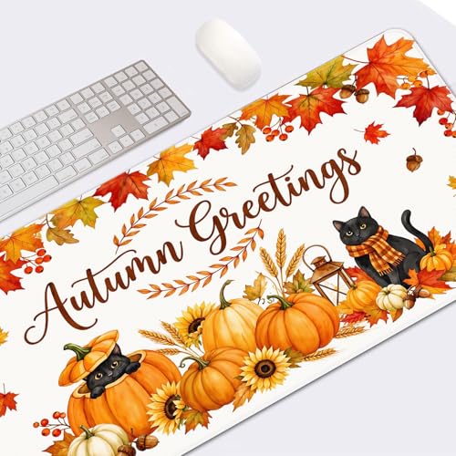Large Mouse Pad, Mouse Pad, 31.5 x 15.7 Inch, Fall Pumpkin Cat | Autumn Leaves Non-Slip Desk Pad Keyboard and Mouse Desk Mat for Gamer, Office & Home - color: Pumpkin Cat Lantern