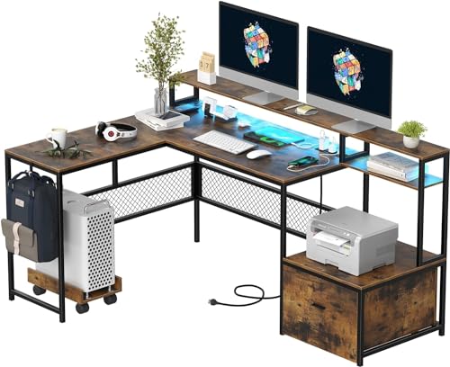 L Shaped Desk with Drawers, 66" Home Office Desk with Power Outlet and Led Strip, Computer Desk with Storage Shelves & Monitor Stand, Large Corner Desk Gaming Desk, Rustic Brown - color: Rustic Brown, size: L Shaped