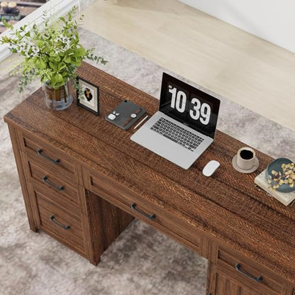 Vabches Farmhouse 61'' Rustic Office Desk with 5 Drawers(Red-Brown) - color: Red-brown, size: 61"W