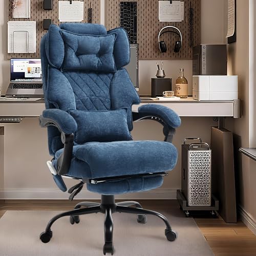 Massage Office Chair with Foot Rest,6 Points Vibration & Heat Executive Office Chairs for Heavy People,500LBS Big and Tall Office Chair,Ergonomic Reclining Desk Chair,Dual-Use Pillow,Home Office,Blue - color: Blue, size: 6 Point Vibration