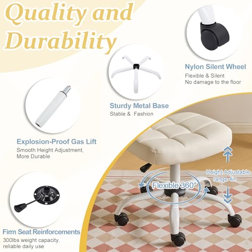 VINGLI Compact Small Desk Chair, Cute Armless Chair with Wheels, Vanity Chair with Low Back, Height Adjustable Task Chair for Small Spaces, Office, Bedroom, Make Up Room, PU Leather, White - color: White