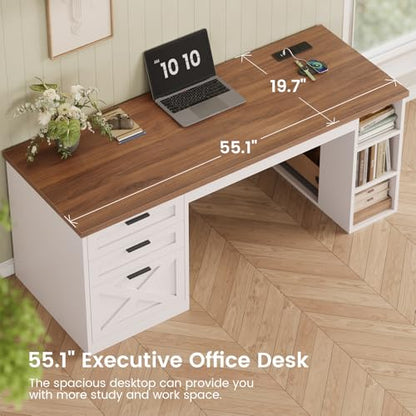 SEDETA 55.1" Farmhouse Office Desk with 3 Drawers for Home Office - color: White and Brown, size: Executive Office Desk (55")