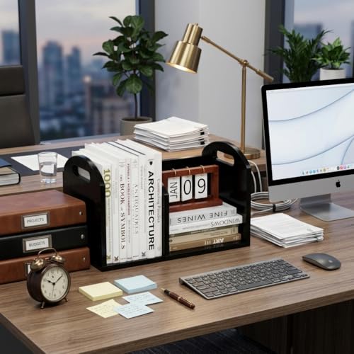 100% Solid Wood Adjustable Desktop Bookshelf, Retro Tabletop Book Shelf File Holder, Vertical Bookshelf Divider Desk Shelf for Home School Office Organization, Perfect for Books Magazine (Black) - color: Black