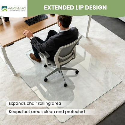 JAMBALAY Irregular Tempered Glass Chair Mat with Lip, 46"x36" Heavy Duty Glass Floor Mat for Carpet/Hard Floors, Carpet Office Chair Mats with Anti-Slip Pads, Thick 0.2″, Clear - size: 46"x36"-With Lip