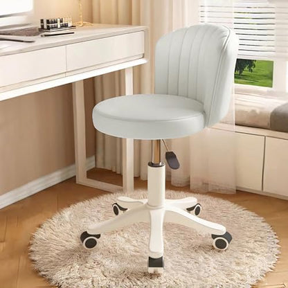 Small Round Rolling Desk Chair Armless Comfy Vanity Computer Chair with Low Backrest PU Leather Height Adjustable Swivel Work Spa Chair - color: White, style: Set of 2 with backrest