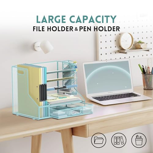 5-Tier Desk Organizer with File Holder & Pen Holder & Sliding Drawer, Blue - color: Blue
