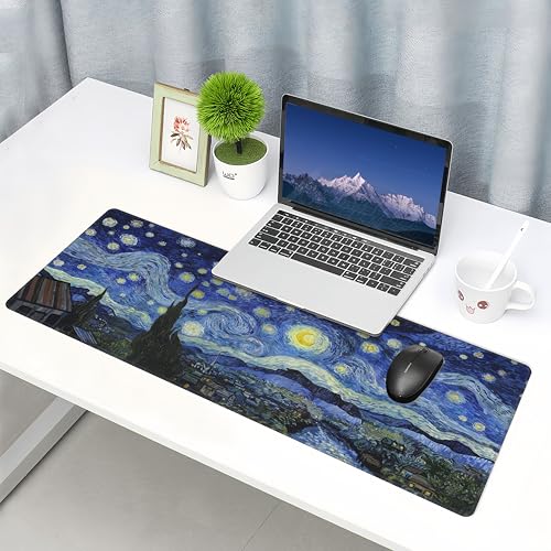 Starry Night Gaming Desk Mat,Large Van Gogh Art Mouse Pad,31.5x12 in | XL Extended Post-Impressionism Art Decor Mousepad,Stitched Edges & Micro Woven Cloth Washable Keyboard Mat,80x30cm - color: Starry Night