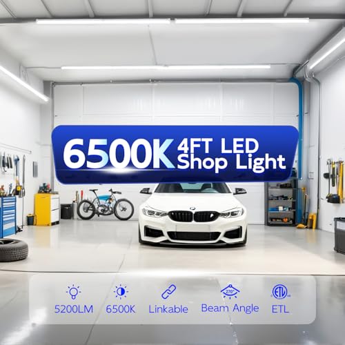 hykolity T8 LED Shop Lights 4FT, 6500K Super Bright White, 40W, 5200LM | V Shape Integrated LED Tube Light, High Output Linkable Shop Lights for Garage Workshop, Built-In On/Off Switch, 4 Pack - size: 4FT