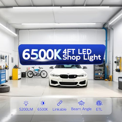 hykolity T8 LED Shop Lights 4FT, 6500K Super Bright White, 40W, 5200LM | V Shape Integrated LED Tube Light, High Output Linkable Shop Lights for Garage Workshop, Built-In On/Off Switch, 4 Pack - size: 4FT