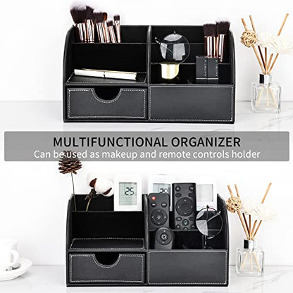 Pu Leather Desk Organizer Pen Pencil Holder Office Supplies Caddy Storage Box 6 Compartments with Drawer Black - color: Black