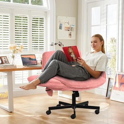 Criss Cross Chair with Lumbar Airbag & Folding Arms Relieve Back Pain, Wide Cross Legged Office Chair for Home Office, Comfy Swivel Desk Chair with Wheels, 5 Level Adjustable Armrest, Chenille(Pink) - color: Pink, style: With Airbag Lumbar Support
