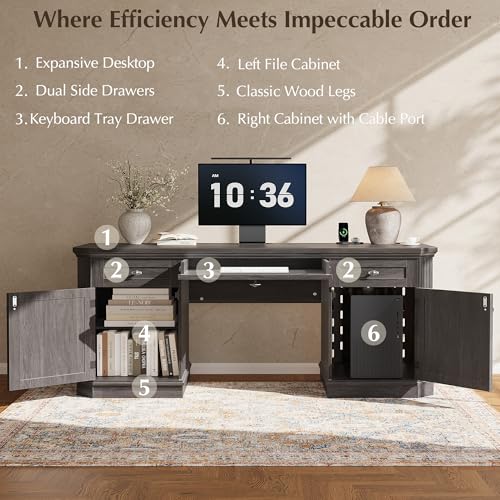 59" Classic Executive Desk with Storage, Victorian Executive Desk with Charging Station, Keyboard Tray, 3 Drawers & 2 Cabinet Storage & 2 Pedestals, Easy Assembly, Black - color: Black