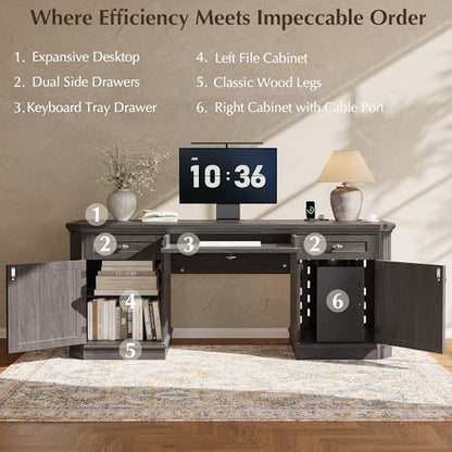 59" Classic Executive Desk with Storage, Victorian Executive Desk with Charging Station, Keyboard Tray, 3 Drawers & 2 Cabinet Storage & 2 Pedestals, Easy Assembly, Black - color: Black