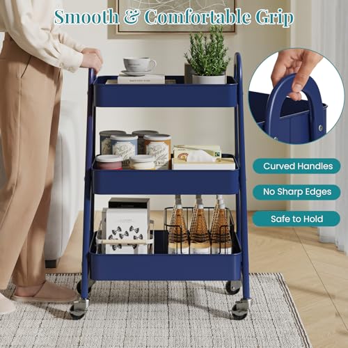 OLIXIS Metal 3 Tiers Rolling Storage Utility Cart with Lockable Wheels - color: Blue, size: 3-Tiered 17 inches