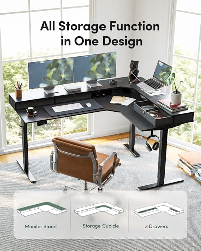 FEZIBO L Shaped Electric Standing Desk, 63 x48 inch Large with Drawers | Reversible Tabletop, 2 Memory Height Settings | Home Office & Gaming Height-Adjustable Table, Black Top/Black Frame（2 packages） - color: Black, size: 63"x48"