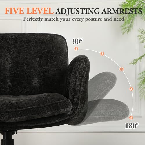 Criss Cross Chair with Lumbar Airbag & Folding Arms Relieve Back Pain, Wide Cross Legged Office Chair for Home Office, Comfy Swivel Desk Chair with Wheels, 5 Level Adjustable Armrest, Chenille(Black) - color: Black, style: With Airbag Lumbar Support