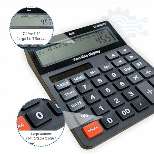 DECKLIT Battery and Solar Unique 120-Step Calculation Check 12 Digit 2 Line Extra Large Calculator Big Buttons and 5.5" LCD Display, Configurable Tax Rate Financial Calculator for Tax Calculations - color: 2 line black