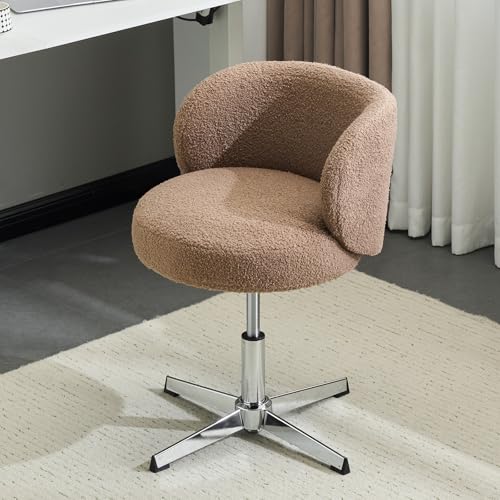 VINGLI Cute Small Swivel Desk Chair Comfy no Wheels,Ergonomic Low-Back Lumbar Support Vanity Nail Tech Computer Task Stool Chair for Home Office,Height Adjustable,Teddy Fleece,Brown - color: Brown-teddy Fleece, style: No wheel