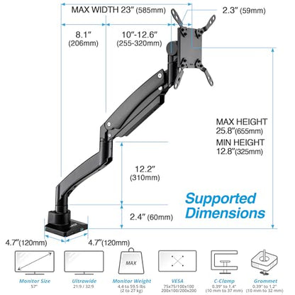 AVLT Single 17"-57" Super Ultrawide Monitor Arm - Black | Screens Up to 59.5 lbs Premium Aluminum Desk Stand Adjustable Pneumatic Height Full Motion Swivel Tilt Rotation USB-C&A Ports - color: Black-17 to 57 Inch