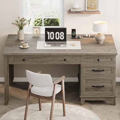 53.5" Farmhouse Home Office Desk with File Cabinet, Wooden Executive Desk with Power Outlet, Work Desk with Drawers, Traditional Wood Desk for Home and Office, Gray - color: Grey