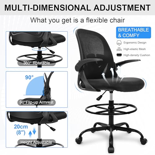 Drafting Chair Tall Office Chair with Flip-up Armrests Executive Ergonomic Computer Standing Desk Chair with Lumbar Support and Adjustable Footrest Ring (Black) - color: Black, size: 934-Z