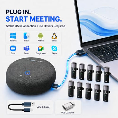 CS02 Conference Speakerphone with 10 AI Mics, 65FT Range, Portable USB Conference Speaker with Noise Reduction, Echo Cancellation & Full-Duplex Audio for 10-Person Meeting Rooms