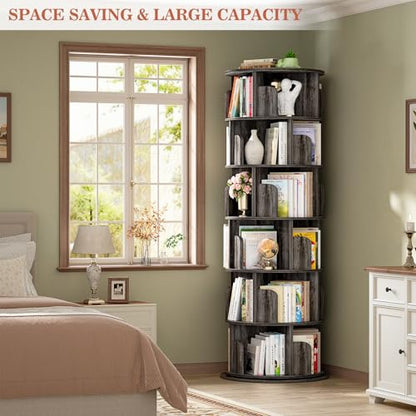 Aheaplus 5 Tier Wood Rotating Bookshelf, 360° Spinning Book Shelf Tower - color: Black Oak, size: 6-Tier