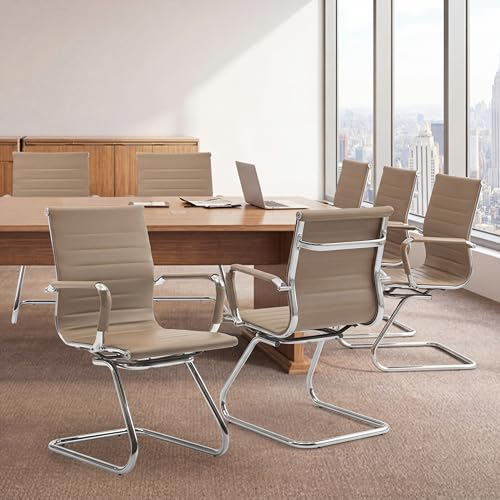Waiting Room Chairs Set of 8, Office Desk Chair No Wheels, PU Leather Computer Chairs Mid Back Guest Chairs for School Reception Conference, Light Brown - color: Light Brown, size: 8PCS
