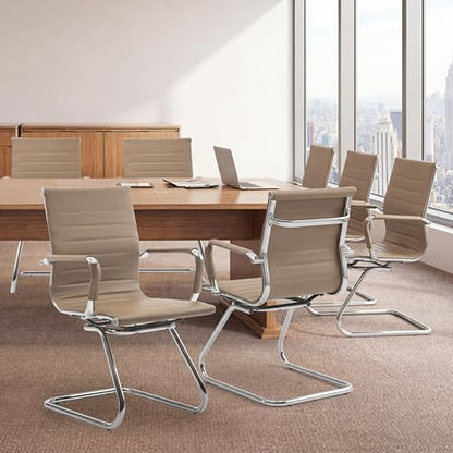 Waiting Room Chairs Set of 8, Office Desk Chair No Wheels, PU Leather Computer Chairs Mid Back Guest Chairs for School Reception Conference, Light Brown - color: Light Brown, size: 8PCS