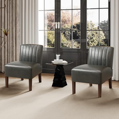 VIRRMO Armless Accent Chairs Set of 2 Upholstered Dining Chairs Living Room Chairs with Solid Wood Legs Bedroom Chair Leather Reading Chair Comfy Chair for Bedroom Vanity Kitchen (Grey) - color: Leather-grey