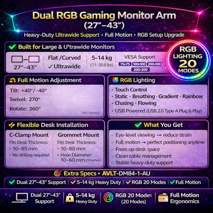AVLT Dual 27”-43” RGB Gaming Monitor Arm Desk Mount -Dark Gray | 20 Lighting Modes Touch Button Control Fits Flat/Curved/Ultrawide Screen Height Swivel Tilt Rotation Adjustable Monitor - color: Dark Gray - Dual