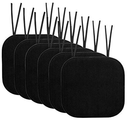 Sweet Home Collection Chair Cushion Memory Foam Pads with Ties Honeycomb Pattern Slip Non Skid Rubber Back Rounded Square 16" x 16" Seat Cover, 6 Pack, Black 6 Pack - color: Black, size: 6 Count (Pack of 1)