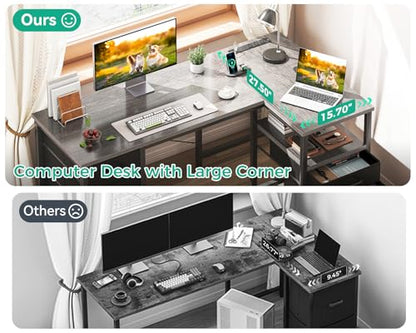 Coleshome 55 Inch L Shaped Office Desk with 6 Drawers, Power Outlet, Grey - color: Grey Oak, size: 55 Inch