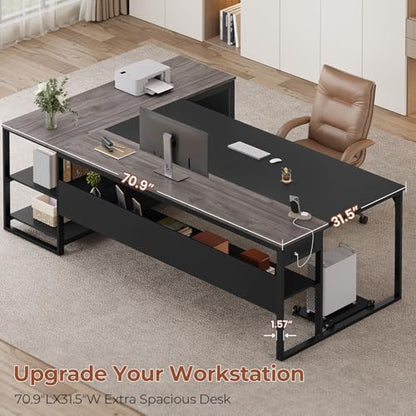 UPOSOJA 71" Executive Desk, L Shaped Office Desk with Widen File Drawers - color: Grey, size: Widen Drawer