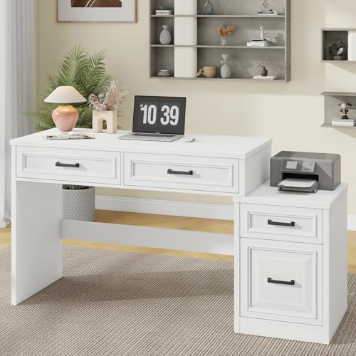 Vabches 61" Farmhouse Computer Desk with Storage and File Drawer, White | Executive Desks with Printer Stand, Rustic Large Home Writing Desk for Home Office - color: White