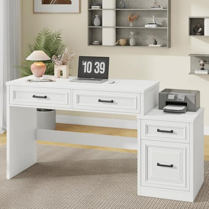 Vabches 61" Farmhouse Computer Desk with Storage and File Drawer, White | Executive Desks with Printer Stand, Rustic Large Home Writing Desk for Home Office - color: White