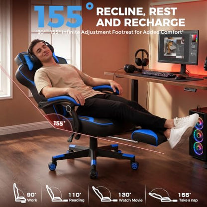 GTPLAYER Gaming Chair with Footrest, 350LBS Big and Tall Office Chair, Ergonomic High Back Lumbar Support and Recliner for Back Pain Relief, Blue - color: Blue