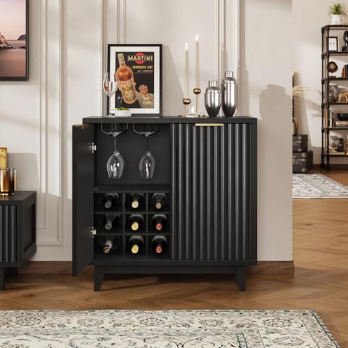 Fluted Coffee Bar Cabinet with Storage, Modern Sideboard Buffet Cabinet | Wine Cabinet with Removable Wine Rack, Drawer & Adjustable Shelf, Black Liquor Cabinets for Living Room, Kitchen, Entryway - color: Black, size: Coffee Bar - 15.7"D x 31.5"W x 31.5"