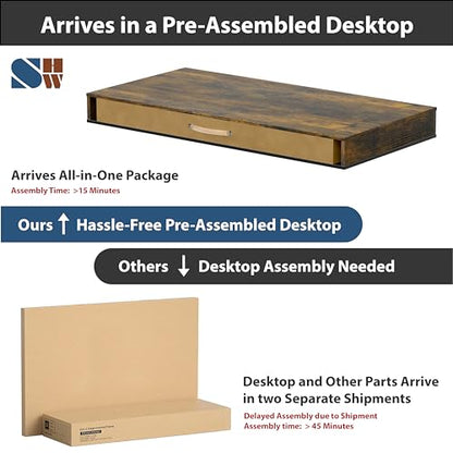 SHW 48-Inch Electric Height Adjustable Desk w/Keyboard Tray, Rustic Brown | w/ 2 Drawers | Memory Presets and Cable Management | Hanging Hooks - color: Rustic Brown