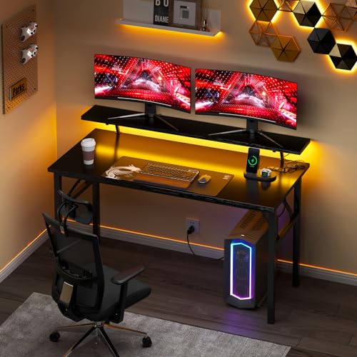 DlandHome 47" Computer Desk with Power Outlets & LED Lights, Black, Bedroom - color: Black + Black, size: 47 Inches + Outlets