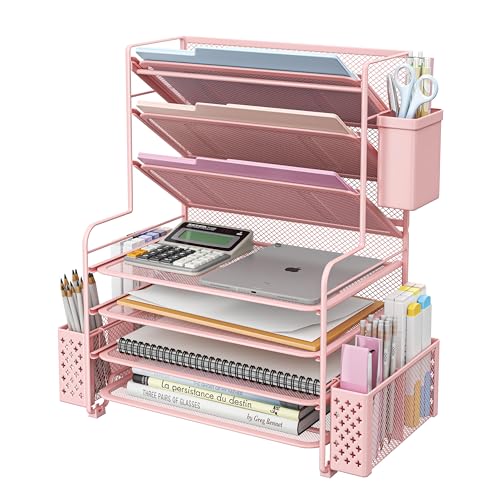 Simple Trending 7 Tier Desk File Organizer, Letter Tray Paper Organizer with Pen Holder and Metal Hanging Basket, Pink - color: 7 Tier Pink
