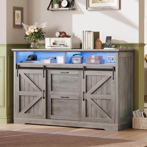SEDETA 47.2" File Cabinet, 2 Drawers Filing Cabinets for Home Office fit Legal/Letter/A4 File, Farmhouse File Cabinet with Barn Door & Power Outlets, Printer Stand with Storage & LED Lights, Grey - color: Grey