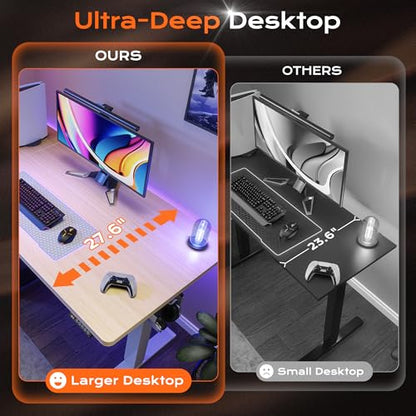 Huuger 55 x 28 Large Electric Standing Desk, Height Adjustable Desk, 27.6" Deep Desktop, Stand up Gaming Computer Office Desk with 2 Hooks, 3 Preset Heights, for Home Office, Maple - color: Maple, size: 55*28 inch (no outlets)