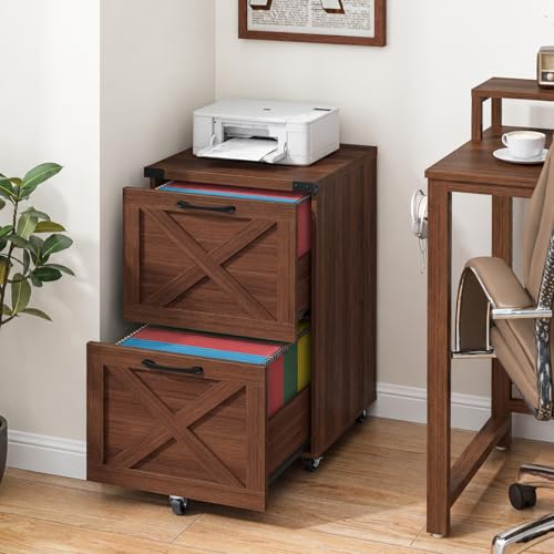 Halitaa Farmhouse 2 Drawer Small File Cabinet with Wheels, Walnut - color: Walnut, size: 2 Drawer