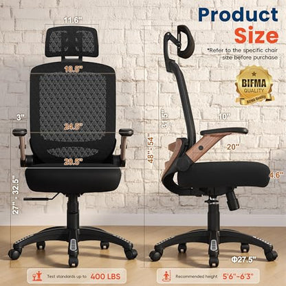 GABRYLLY Ergonomic Office Chair, High Back Home Desk Chair with Flip-Up Arms, 3D Headrest, Thick Sponge Seat &90-120° Recline, Big and Tall Mesh Executive Chairs for Man Woman, Black Woodgrain - color: Black Woodgrain