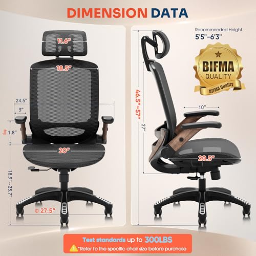 GABRYLLY Ergonomic Office Chair, High Back Home Desk Chair with Headrest, Flip-Up Arms, 90-120° Tilt Lock and Wide Cushion, Big and Tall Mesh Chairs for Man Woman, Black Task Chair(Dark Woodgrain) - color: Black Frame Dark Woodgrain