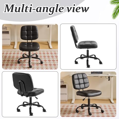 VINGLI Compact Small Desk Chair, Cute Armless Chair with Wheels, Vanity Chair with Low Back, Height Adjustable Task Chair for Small Spaces, Office, Bedroom, Make Up Room, PU Leather, Black - color: Black