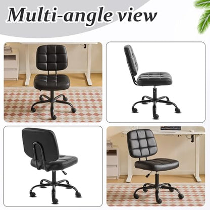 VINGLI Compact Small Desk Chair, Cute Armless Chair with Wheels, Vanity Chair with Low Back, Height Adjustable Task Chair for Small Spaces, Office, Bedroom, Make Up Room, PU Leather, Black - color: Black