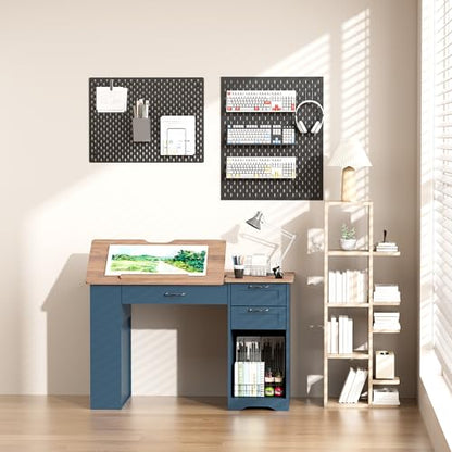 Drafting Table with Storage Cabinet & Drawers, Adjustable Drawing Desk with Open Shelves, Craft Table Painting Desk for Artists, Painters, Drawing, Crafting, Reading, Writing, Working (Blue) - color: Blue