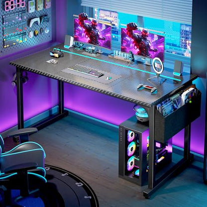 DurayLoly 55" Carbon Fiber Gaming Desk with RGB LED for Teens Bedroom,Black - color: Black, size: 55 Inch
